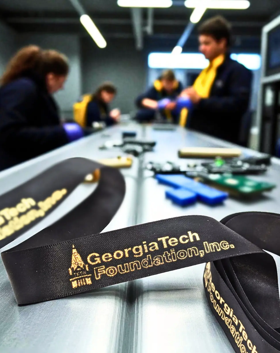 custom logo ribbon, custom satin ribbon, gold print on satin logo ribbon, custom school ribbon, university logo ribbon
