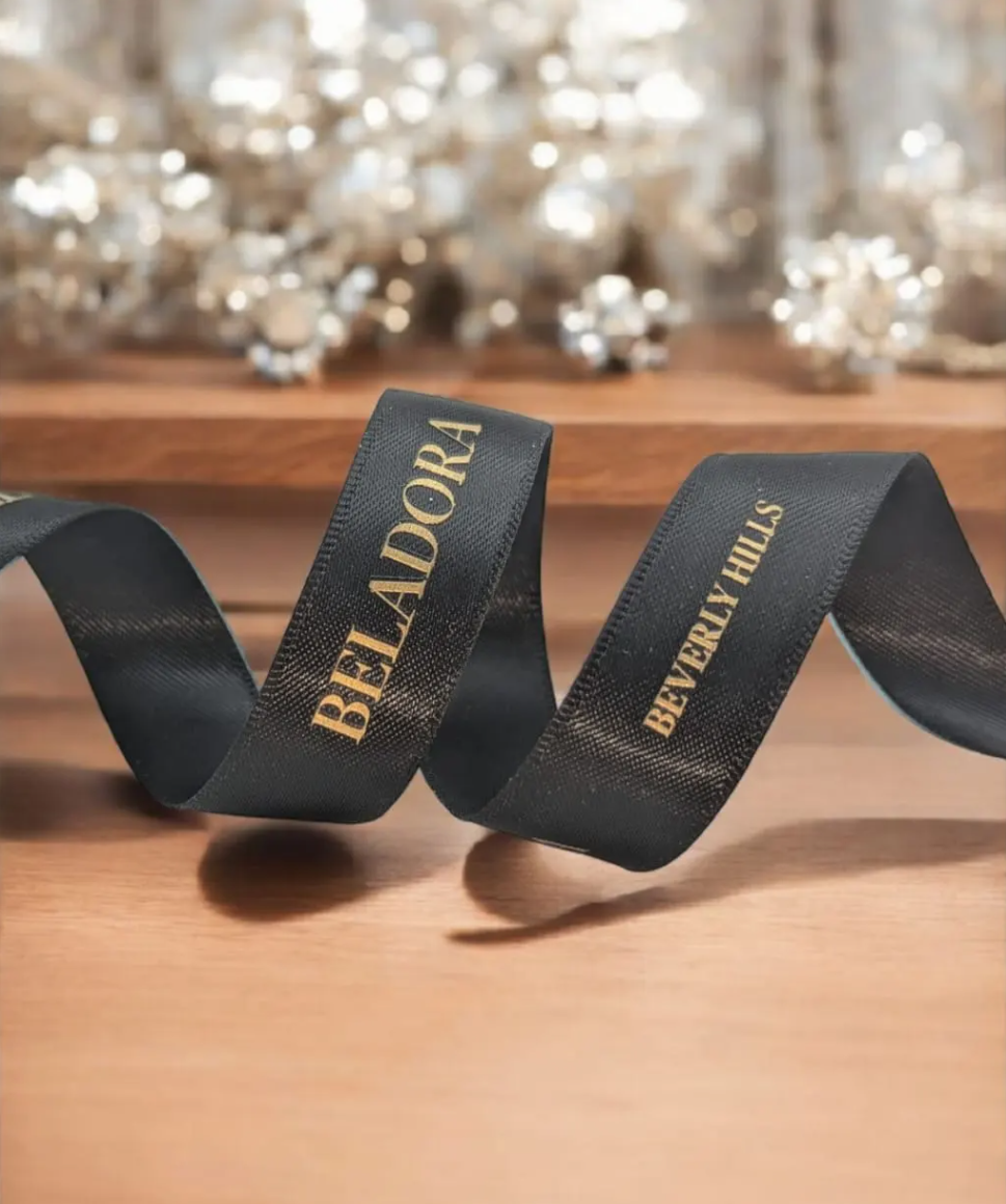 custom logo ribbon, custom satin ribbon, signature logo ribbon, custom branding ribbon, custom ribbons, satin logo ribbon