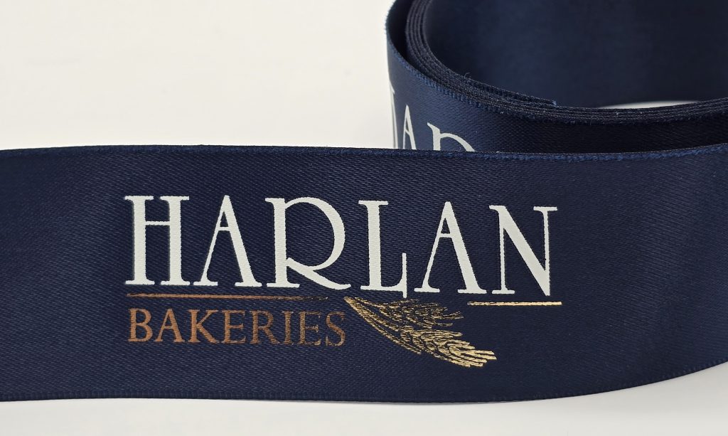custom logo ribbon, Pantone matching logo ribbon, multi color printed ribbon, full custom imprint satin ribbon, customized branded full color ribbon, logo ribbon printing