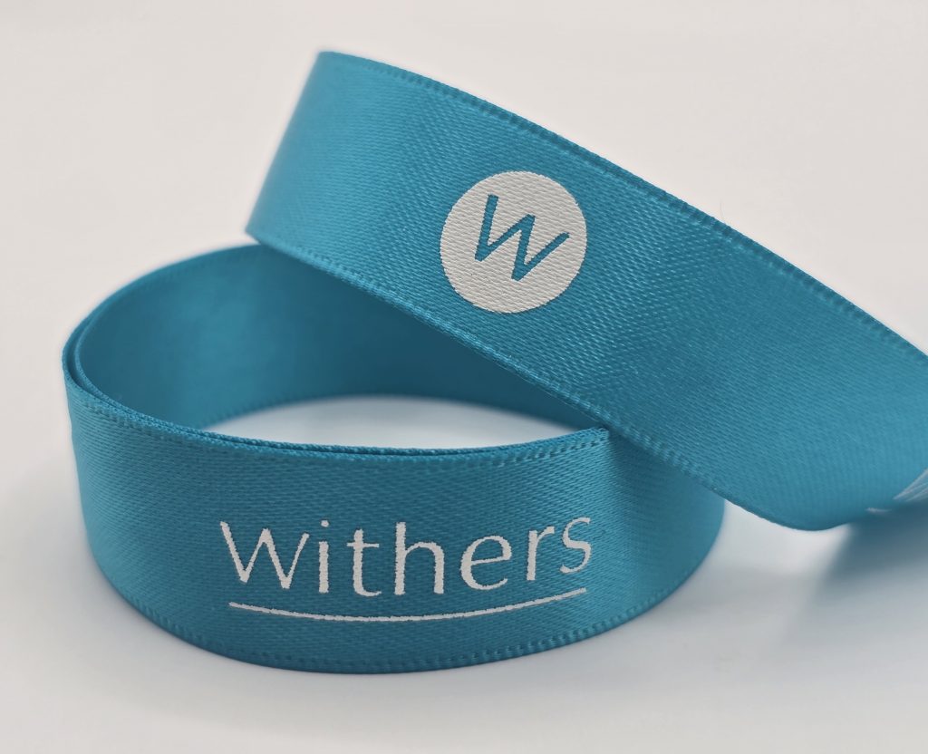 custom logo ribbon, custom branded ribbon, custom dyed ribbon, satin logo ribbon, custom event ribbon, corporate logo gift ribbon