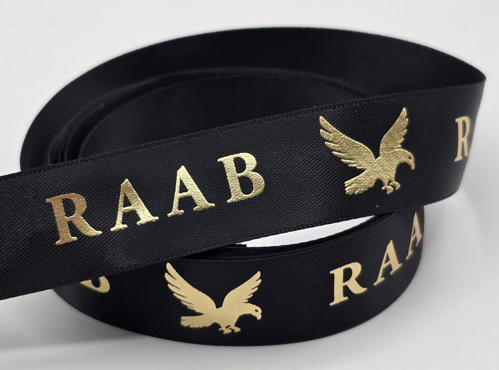 custom logo ribbon, custom satin logo ribbon, raised print on satin ribbon, lgo ribbon imprint, custom satin ribbon, custom ribbon printing