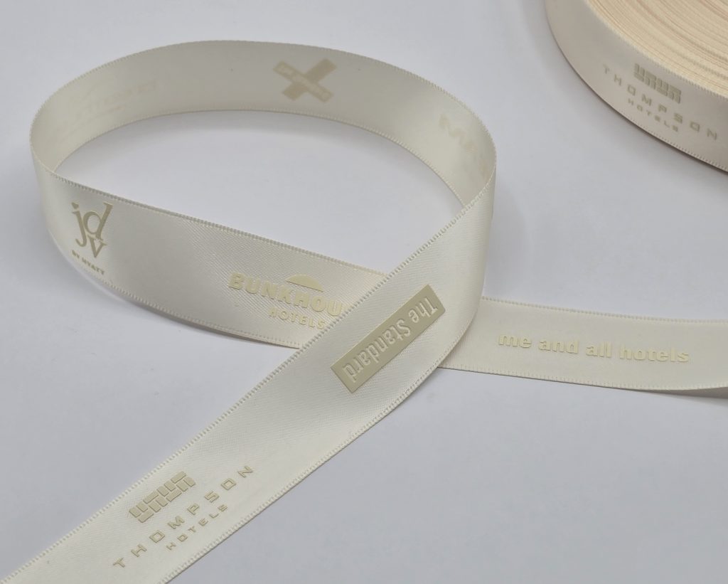 custom satin ribbon, custom logo ribbon, satin logo ribbon, tone on tone logo ribbon, tone on tone printed ribbon, Pantone matching ribbon