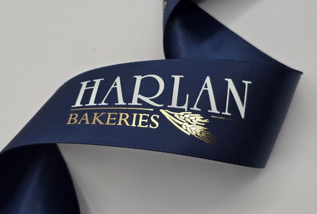 full color imprint satin ribbon, custom logo ribbon, logo on ribbon, custom satin ribbon, custom imprinted ribbon, Pantone matching logo ribbon, ribbon with logo