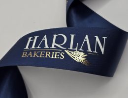 full color imprint satin ribbon, custom logo ribbon, logo on ribbon, custom satin ribbon, custom imprinted ribbon, Pantone matching logo ribbon, ribbon with logo