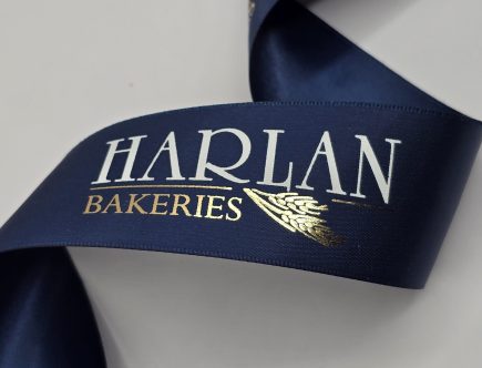 full color imprint satin ribbon, custom logo ribbon, logo on ribbon, custom satin ribbon, custom imprinted ribbon, Pantone matching logo ribbon, ribbon with logo