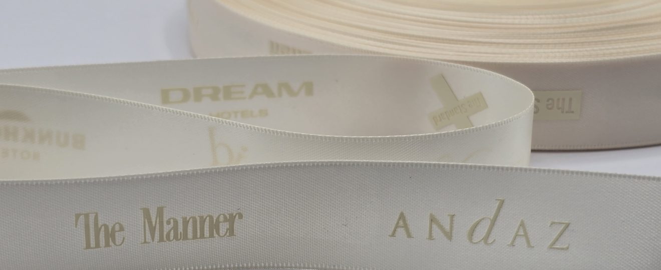 tone on tone logo ribbon, custom satin ribbon, custom logo ribbon, custom company logo ribbon, corporate logo ribbon