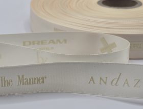 tone on tone logo ribbon, custom satin ribbon, custom logo ribbon, custom company logo ribbon, corporate logo ribbon