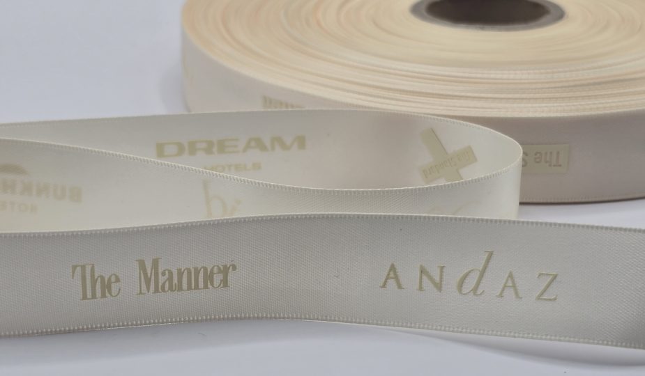 tone on tone logo ribbon, custom satin ribbon, custom logo ribbon, custom company logo ribbon, corporate logo ribbon